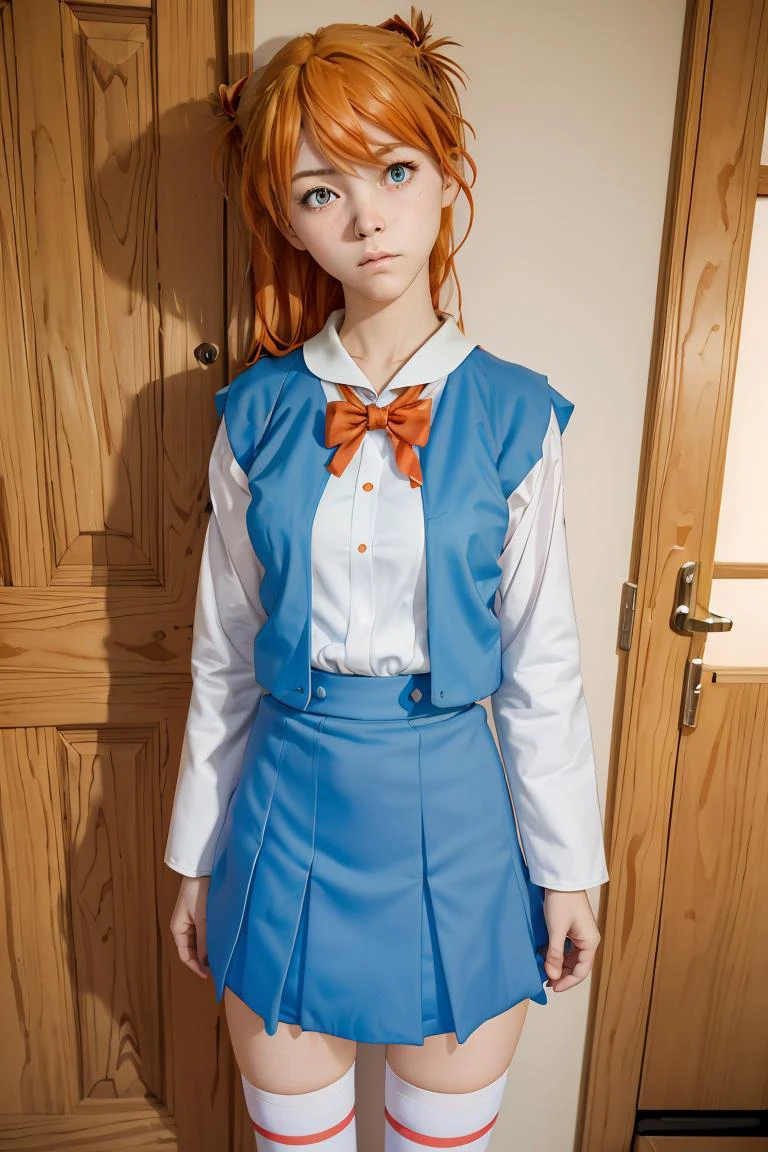 (masterpiece, best quality), 1girl, <lora:AsukaUn:1> AsukaUn, Two side up, Orange hair, Tokyo-3 uniform, Blue vest, Frown