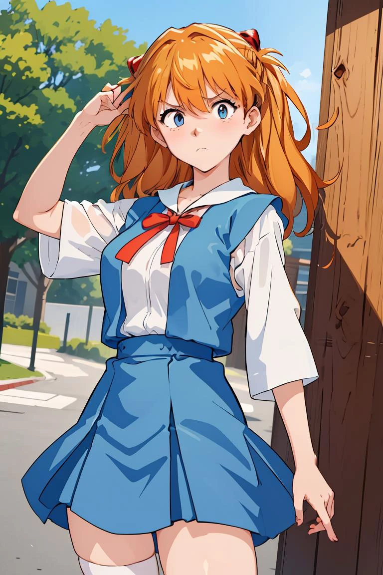 (masterpiece, best quality), 1girl,  <lora:AsukaUn:1> AsukaUn, Two side up, Orange hair, Tokyo-3  uniform, Blue vest, Frown