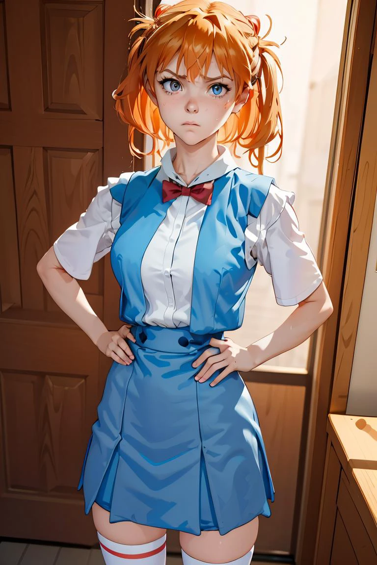 (masterpiece, best quality), 1girl, <lora:AsukaUn:1> AsukaUn, Two side up, Orange hair, Tokyo-3 middle school uniform, Blue vest, Frown