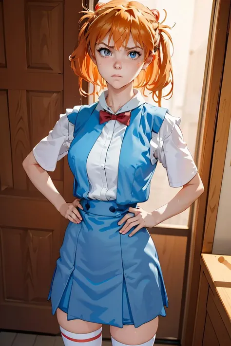 (masterpiece, best quality), 1girl,  <lora:AsukaUn:1> AsukaUn, Two side up, Orange hair, Tokyo-3 middle school uniform, Blue vest, Frown