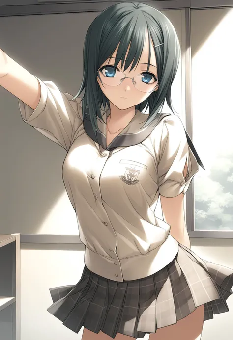 Akabane Kurokawa, 1 girl, Blue hair, Green eyes, Bangs, School uniform,medium hair,ponytail,Skirt, sox, Athletic Shoes, white footwear, Black socks, Pleated skirt, knee high socks, White shirt, blue necktie, Long sleeves, vests, Collared shirt, plein air, urbane, cowboy shot,Sitting, Laughing,smile,
(Best Quality, 4K, 8K, hight resolution, masutepiece:1.2), Ultra-detailed, (Realistic, Photorealistic, Photorealsitic:1.37), nffsw, nffsw, Studio Lighting, Ultra-fine painting, Sharp Focus, Physically-based rendering, extreme detail description,ponytail