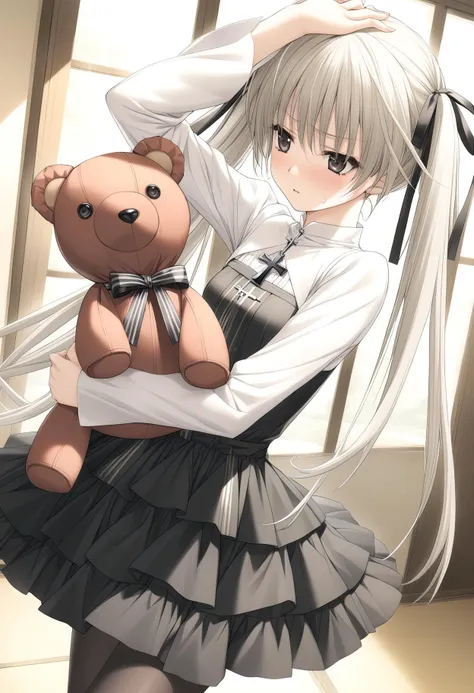 1girl,
<lora:sdxl-boldline:-1>,
<lora:sdxl-flat:-1>,
indoor,
cowboy shot,
detail background,
dynamic pose,
sweatdrop,
Pretending to hug a teddy bear,
hand on headwear,
BREAK
<lora:yosuga_A3_XL_V1_0-000010:0.8>,
kasugano sora, long hair, twintails,hair ribbon,brown eyes, white hair,black eyes,
dress, cross, black ribbon, black pantyhose,black skirt,shirt,frills, jewelry,
masterpiece, best quality
