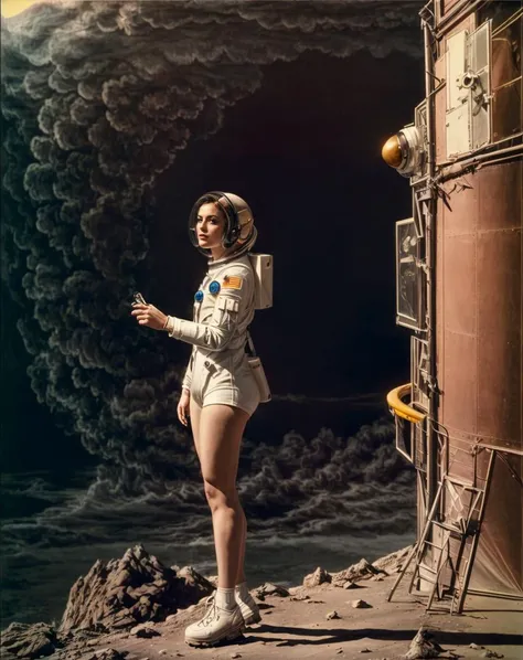 a beautiful woman as an astronaut, <lora:MeliesVDL:.9>, by MeliesVDL, cinematic, retro-futuristic