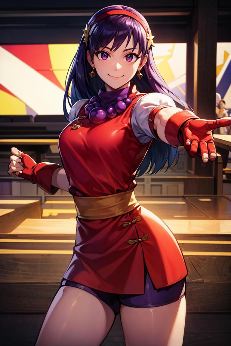 A woman in a red dress holding a sword in a room - SeaArt AI