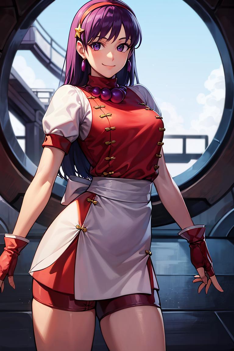 A woman in a red and white outfit standing in front of a circular ...
