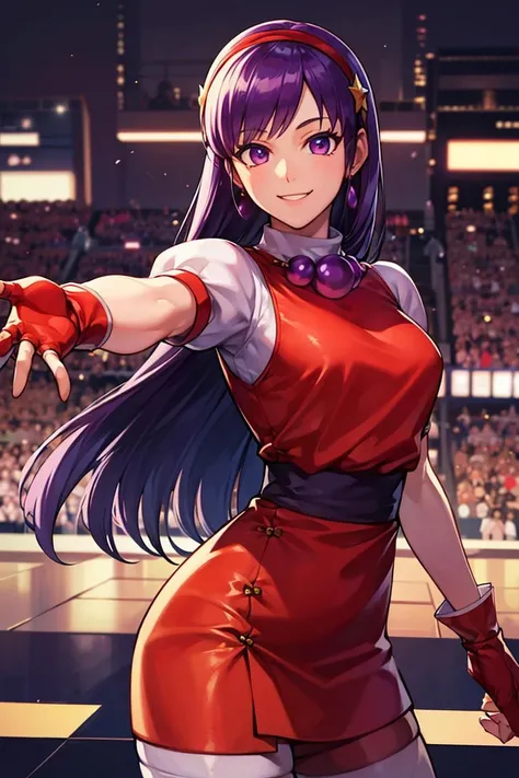 score_9_up, score_8_up, score_7_up,score_6_up, score_5_up, score_4_up , 1girl, solo, ((SPLIT-COLOR HAIR)), ((brown hair)), ((purple hair)), heterochromia, PonyShiranui, high ponytail, AthnaKOFXV, purple hair, purple eyes, red hairband, ysakazaki, dougi, spandex, fingerless gloves, brown hair, brown eyes, single braid, flirting, cowboy shot, stage lights, concert, stage 