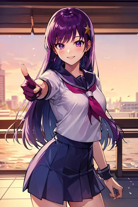 ((masterpiece,best quality)), absurdres,
<lora:Athena_Asamiya:0.7>, Athena_Asamiya, blue_skirt, pleated_skirt, school_uniform, serafuku
solo, smiling, looking at viewer, cowboy shot, 
cinematic composition, dynamic pose,