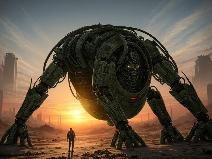 bio mechanical hydraulic humanoid cyborg arthropod in a postapocalyptic wasteland, sunset, cyber weapons