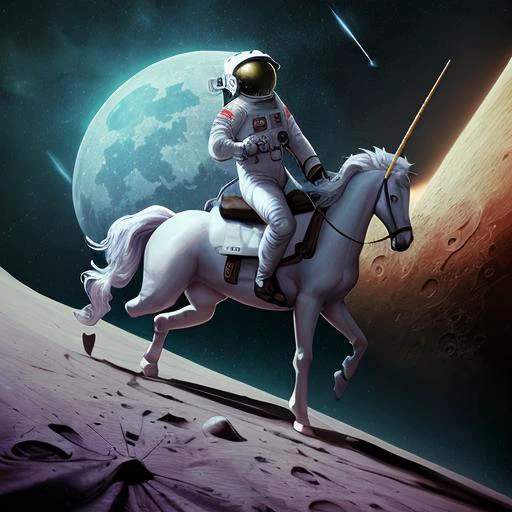 astronaut riding a unicorn on the moon