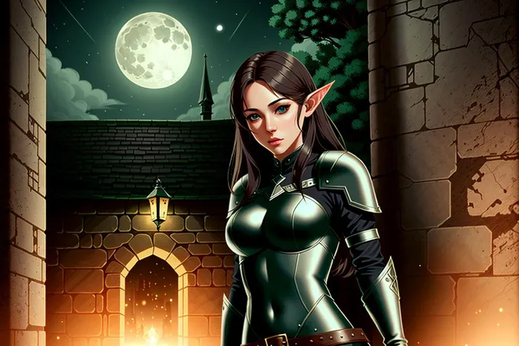 fantasy, medium shot, a beautiful female rogue vaults over a wall, dark leather armor, elf ears, medieval city, night, moonlight, full moon, 1girl