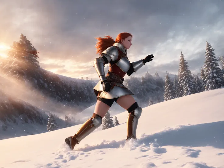 Intricately detailed, professional photograph, medium action shot of (beautiful Nordic female warrior) running up snowy hill, red_hair, (wearing heavy [medieval:fantasy:20] armor), standing, outside on a snowy mountain, (fluffy snow flakes falling from the sky), snow on armor, toned physique, perfect eyes, volumetric fog, shallow depth of field, cinematic lighting, lingering golden rays of sunset on a cloudy winter day, raytracing, subsurface scattering, photographed on a Canon EOS-1D X Mark III, (highly detailed:1.2), (hard focus), HDR, 8k resolution