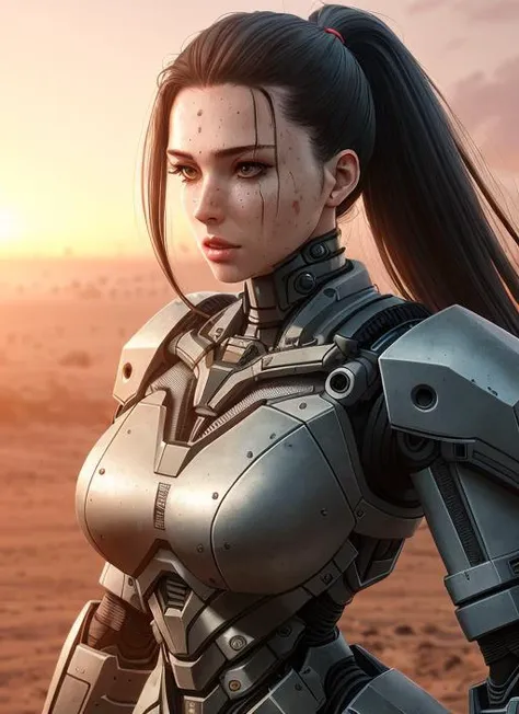 realistic photo of ((woman in a hulking hydraulic biomechanical exoskeleton armored robot)), (detailed face), sunset, sweaty, grime, post-apocalyptic, long hair, cyberpunk, (modelshoot style), nsfw