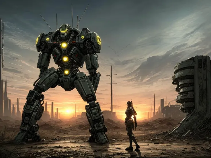 bio mechanical hydraulic humanoid cyborg arthropod in a postapocalyptic wasteland, sunset, cyber weapons