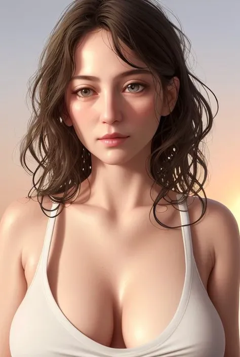 detailed realistic photo of middle aged woman wearing sexy tanktop, (small soft nipples covered by tanktop:1.1), low light, sunset, low contrast, (detailed skin face and eyes), (from_below:1.2), wideshot, realistic eyes, (modelshoot style)