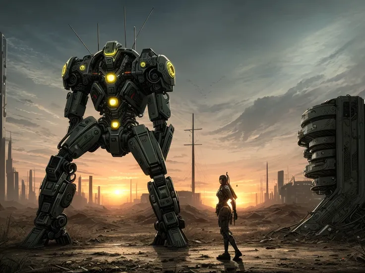 bio mechanical hydraulic humanoid cyborg arthropod in a postapocalyptic wasteland, sunset, cyber weapons