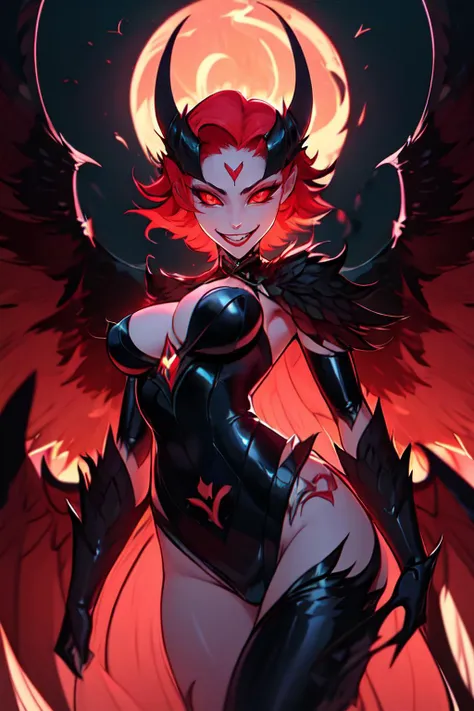 masterpiece,best quality,absurdres,high details,amazing body,at distance,cowboy shot,posing,flirting,(playful gaze, smirking:1.1),1girl,<lora:Talene_AFK:0.7>,talene_afk,wings,<lora:wrenchsfantasy:0.7>,wrenchsfantasy,fantasy,glowing,glowing eyes,red eyes,<lora:dark_persona_v1:0.7>,dark_persona_lora,evil smile,(dark persona),evil grin,corruption,corrupted,dark aura,crotch tattoo,possesed by demon,possesed,uniform,latex,