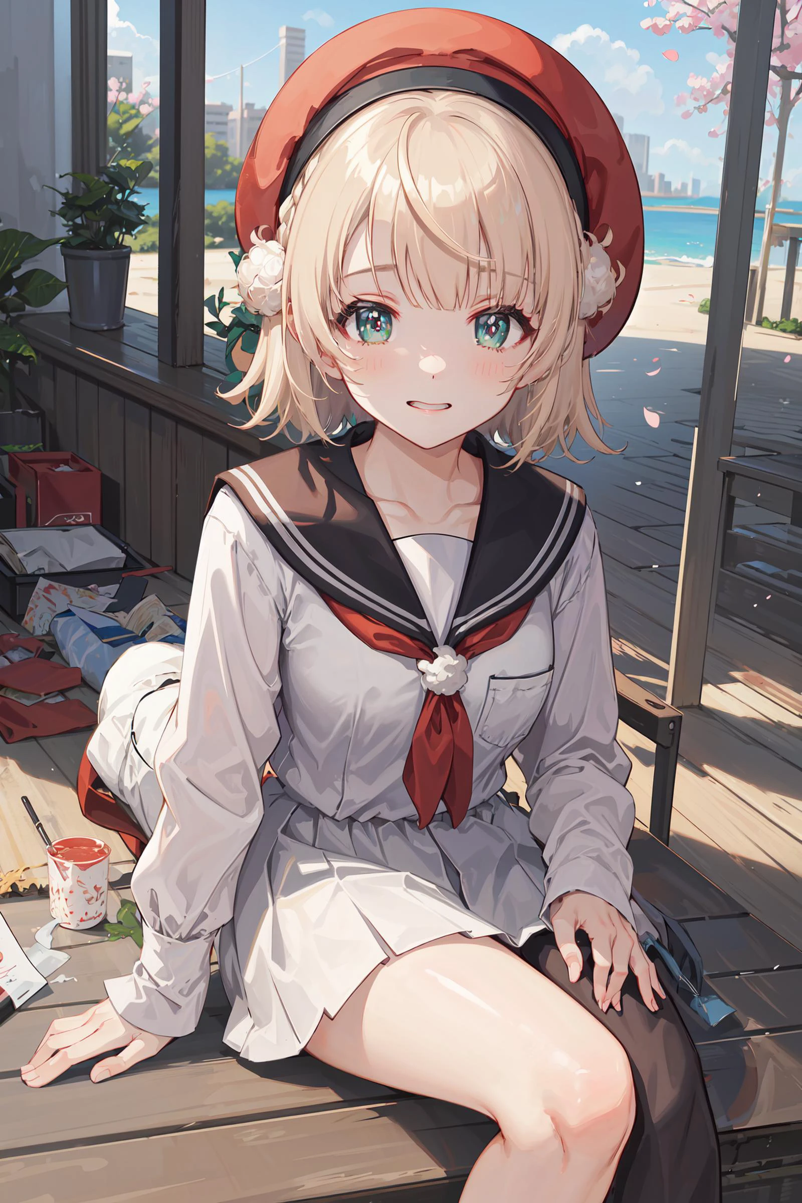 (masterpiece, best quality, highres, absurdres, best illumination, illustration, bright pupils, finely detailed beautiful eyes, disheveled hair), lighting on face, shiny_face, best_lighting, front_lighting, ((colorful theme)), dutch angle, white wall, arms down, city, cherry blossoms, from bottom, outdoors, beach, seaside, 1girl
<lora:shigure_ui:0.6>, shigure ui \(vtuber\), pom_pom_hair_rings, smirk,((white clothes)), serafuku, medium_breasts, full_body, red_beret , beret, short_hair