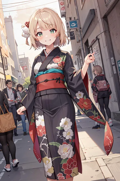 (masterpiece, best quality, highres, absurdres, best illumination, illustration, bright pupils,  finely detailed beautiful eyes, disheveled hair),   lighting on face, shiny_face, best_lighting, front_lighting,  ((colorful theme)),  dutch angle, white wall,  arms down, city,  cherry blossoms, from bottom, outdoors,  1girl, cityscape,
<lora:shigure_ui:0.6>, shigure ui \(vtuber\),  pom_pom_hair_rings, smirk, Japanese clothes, kimono, furisode, medium_breasts, full_body, short_hair,  floral print,