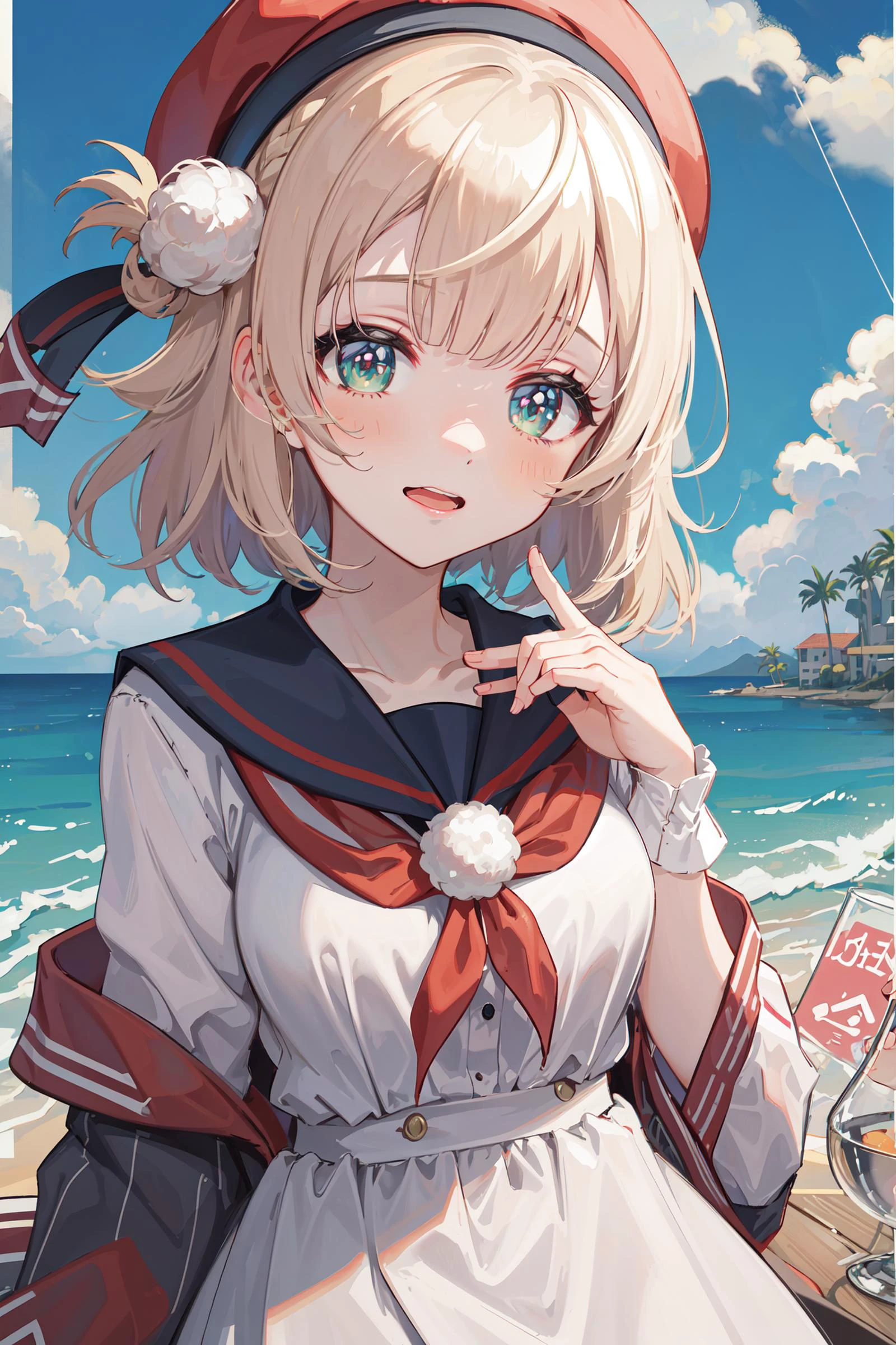 (masterpiece, best quality, highres, absurdres, best illumination, illustration, bright pupils, finely detailed beautiful eyes, disheveled hair), lighting on face, shiny_face, best_lighting, front_lighting, ((colorful theme)), dutch angle, white wall, arms down, city, cherry blossoms, from bottom, outdoors, beach, seaside, 1girl,
<lora:shigure_ui:0.6>, shigure ui \(vtuber\), pom_pom_hair_rings, smirk,((white clothes)), serafuku, medium_breasts, full_body, red_beret , beret, short_hair