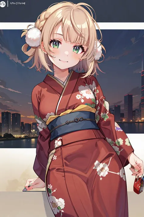 (masterpiece, best quality, highres, absurdres, best illumination, illustration, bright pupils,  finely detailed beautiful eyes, disheveled hair),   lighting on face, shiny_face, best_lighting, front_lighting,  ((colorful theme)),  dutch angle, white wall,  arms down, city,  cherry blossoms, from bottom, outdoors,  1girl, cityscape,
<lora:shigure_ui:0.8>, shigure ui \(vtuber\),  pom_pom_hair_rings, smirk, Japanese clothes, kimono, furisode, medium_breasts, full_body, short_hair,  floral print, portrait