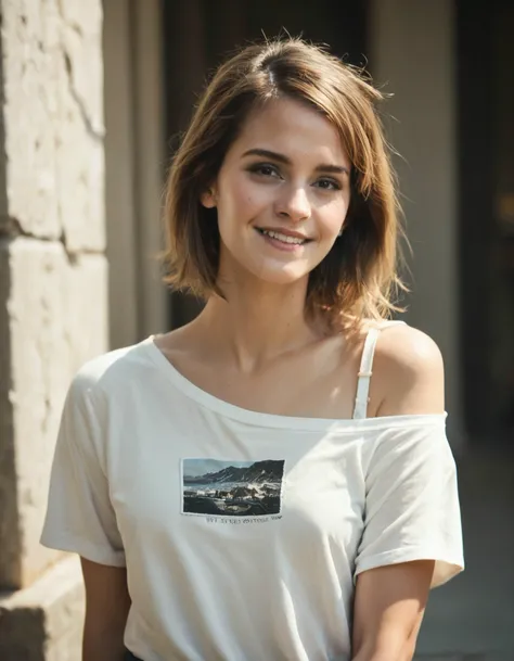 score_9, score_8_up, score_7_up, ohwx, 1girl, slim, realistic, smile, off-shoulder shirt, <lora:CrunchyBanana_PONY_DORA_Emma_Watson:0.9>, rating_safe