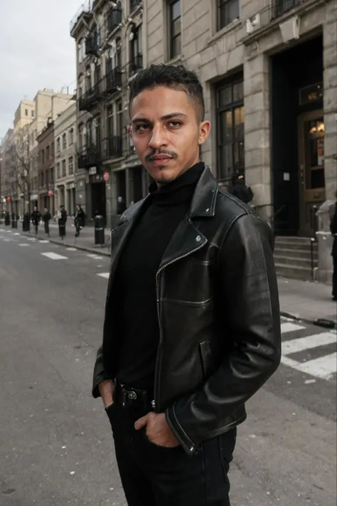 <lora:tiger_tyson_2-21:0.8> tgrtsn, facial hair, relaxed confident expression, wearing a fitted black turtleneck and dark jeans and sleek black (leather) jacket, soft diffused lighting, quiet Brooklyn street, Brownstone buildings in the background