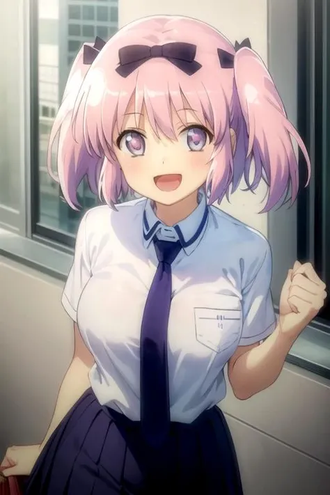 (((pixel-perfect, detail-perfect))), solo, 1girl, <lora:hibari-senran:0.8>, hibari, hair bow, school uniform, necktie, looking at viewer, smile, :d