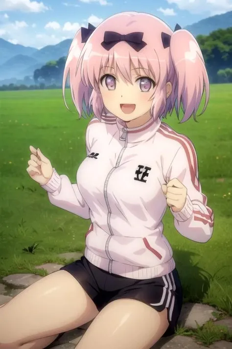 (((pixel-perfect, detail-perfect))), solo, 1girl, <lora:hibari-senran:0.8>, hibari, hair bow, tracksuit jacket, shorts, looking at viewer, smile, :d