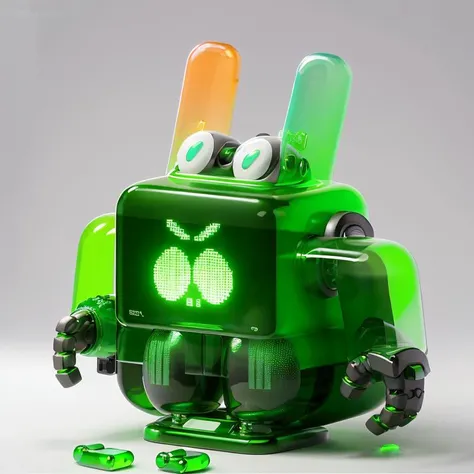 no human, Unmanned, green translucent robot, cable, solo, screen, heart, grey background, glowing, wires, clean background (illustration:1.0), masterpiece, best quality,<lora:cute robota_v1:0.75>