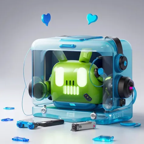 no human, Unmanned, blue translucent robot, cable, solo, screen, heart, grey background, glowing, clean background (illustration:1.0), masterpiece, best quality,<lora:cute robota_v1:0.75>