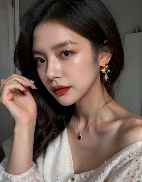 close up of 1 slender idol, full makeup,earrings,bedroom,<lora:MN5:1>