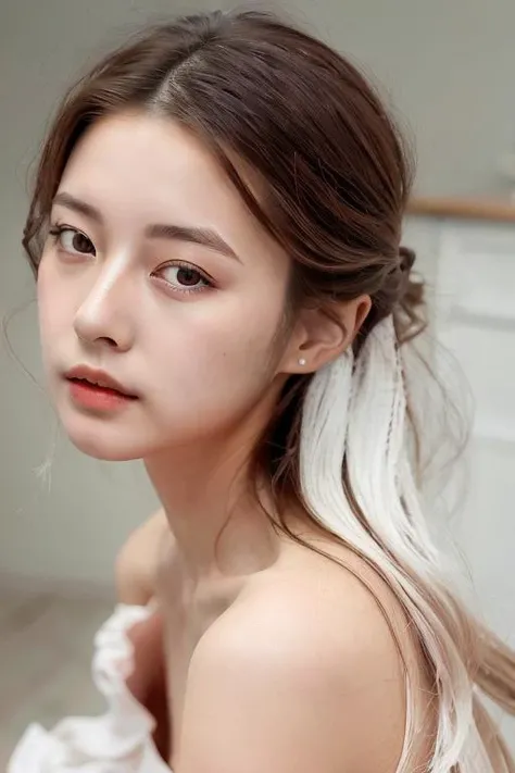 from side,close up of 1 girl, long wavy hair,blush, (white detailed skin), full makeup, sharp focus, HDR, 8K, (masterpiece), <lora:PMN_2:1>