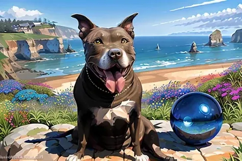 a highly detailed high quality masterpiece of a (gleefully happy:1.4) <lora:Malu:1> dog with beautiful eyes sitting next to 1 (blue glass orb:1.16) overlooking the haystack- rocks- of cannon beach Oregon, cliffs curve around to the left to meet the rocks, (tall wildflowers in the foreground:1.35), oil on matte canvas, fine lines and edges, perfect composition, (palette knife), natural light, pastel colors, high contrast art by Howard Behrens, greg rutkowski