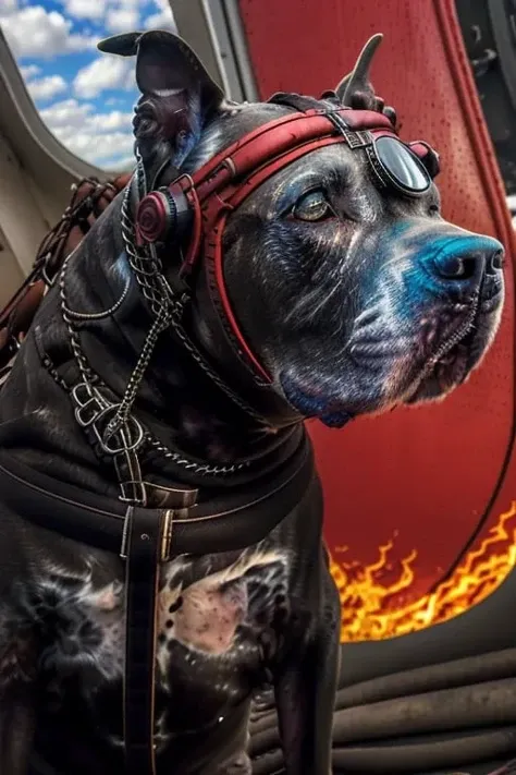 a high quality (close up portrait:1.3) of a (<lora:Malu:1> dog:1.35) (starring as the Red Baron:1.3) (inside a red airplane:1.5) and (wearing aviator goggles:1.4), (movie poster:1.35), (background is grey sky with clouds:1.2), (fire:1.4), (lava:1.4), (WW1:1.5), 25mm, Canon 5D Mark IV, UHD 4 k, award winning photography,25mm, Canon 5D Mark IV, UHD 4 k, award winning photography, soft bokeh, sharp focus, vibrant colors, ultrarealistic, masterpiece, trending on Artstation, featured on pixiv, cinematic lighting, moody lighting, hyper detailed, 8 k, unreal engine 5, intricate details, (cyberpunk:1.2), (art by Russell Smith:1.5)