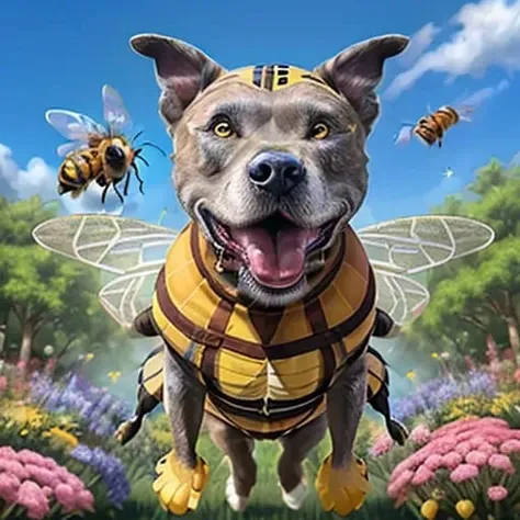 a high quality ultrarealistic photographic masterpiece of a happy and fun loving <lora:Malu:1> dog (wearing a bee costume with wings:1.6) while (flying through the air:1.5) and (pollinating the flowers in a beautiful garden:1.3), (background is blue sky on a bright sunny day with clouds:1.4), hibiscus, tulips, honey comb, Canon EOS 5D Mark IV, UHD 4 k, award winning photography, soft bokeh, sharp focus, vibrant colors, ultrarealistic, trending on Artstation, featured on pixiv, natural light, hyper detailed, 8 k, unreal engine 5, intricate details