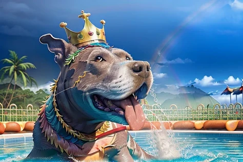 a highly detailed high quality (photorealistic:1.4) full body portrait image of a (gleeful and majestic king:1.3) <lora:Malu:1> dog the third with glowing eyes wearing a (burger king crown:1.2) and (ruler of all the Hawaiian islands:1.45) and cherished among all those that know him, background is a lush tropical palace lined with bacon strips and golden challises, masterpiece, golden ratio, reflections, crystals, gems, jewels, swimming pools, water falls, (rainbows:1.3), 85mm, Canon 5D, award winning photography, soft bokeh, sharp focus, intricate details, UHD 4 k, cinematic lighting, vivid colors, octane render, midjourney-style