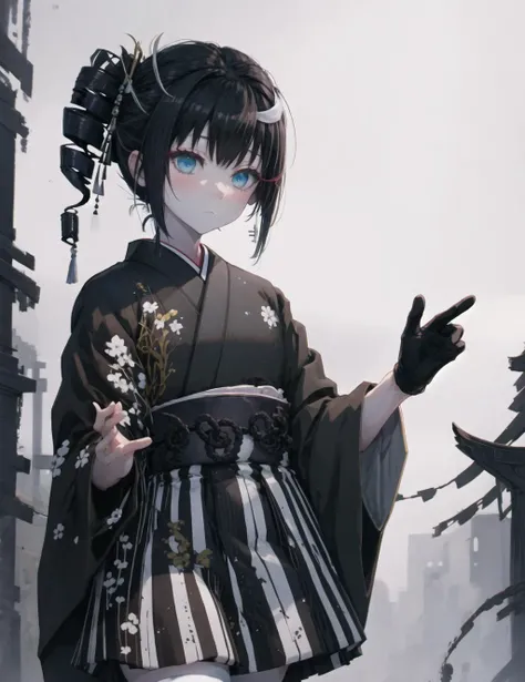 masterpiece, best quality, simple background, lying, ((ancient destroyer oni)), abyssal ship, shinkaisei kan, 1girl, pale skin, white skin, blue eyes, black hair, drill hair+side ponytail, hakama, hakama skirt, kimono, striped skirt, black gloves, wide sleeves, thigh boots, black thighhighs, east asian architecture