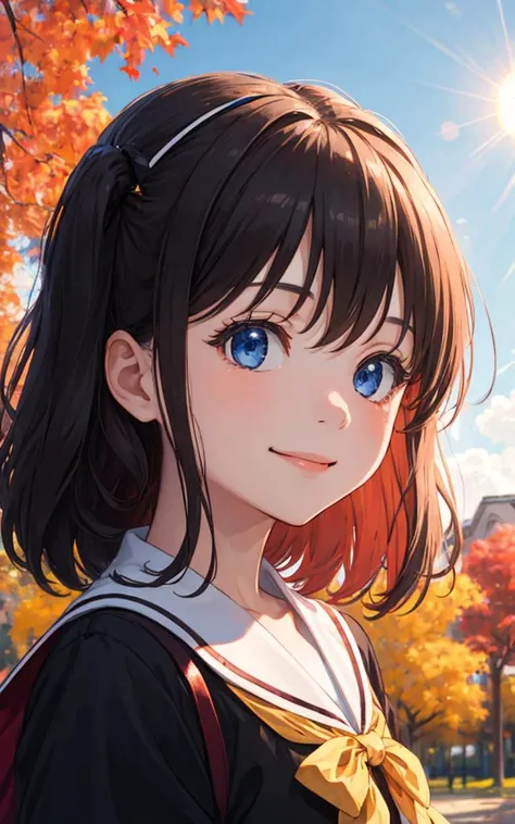 1girl, master piece, park , tomori, small face, smile, <lora:TomoriNao_tomoriV1:0.6>, sun shine, autumn