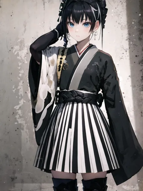masterpiece, best quality, simple background, (hand in own hair:1.3), ancient destroyer oni, abyssal ship, shinkaisei kan, cowboy shot, hand on hip, hand raised, 1girl, pale skin, white skin, blue eyes, black hair, drill hair+side ponytail, hakama, hakama skirt, kimono, striped skirt, black gloves, wide sleeves, thigh boots, black thighhighs