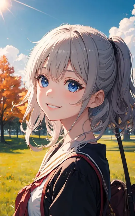 1girl, master piece, park , tomori, small face, smile, <lora:TomoriNao_tomoriV1:0.6>, sun shine, autumn
