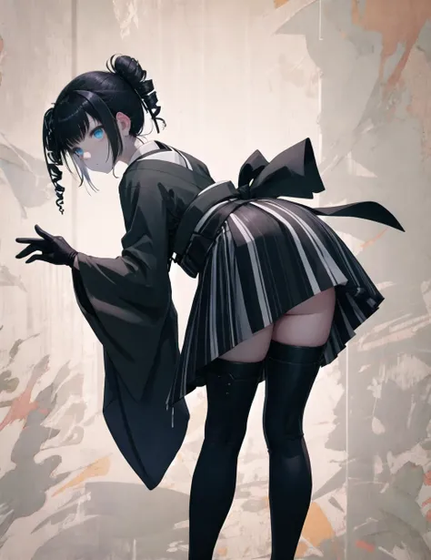 masterpiece, best quality, simple background, (leaning forward, bent over:1.3), ((ancient destroyer oni)), abyssal ship, shinkaisei kan, 1girl, pale skin, white skin, blue eyes, black hair, drill hair+side ponytail, hakama, hakama skirt, kimono, striped skirt, black gloves, wide sleeves, thigh boots, black thighhighs, east asian architecture