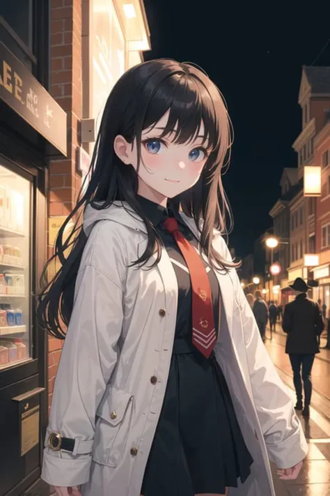 (masterpiece, ultra high res, best quality:1.1), (flat color), 1girl, solo, , cowboy shot, (depth of field:1.2), (night), (long coat), downtown, (street light:1.1), (Fantastic lighting), looking at viewer, black hair, long hair, [smile], (Closed mouth)