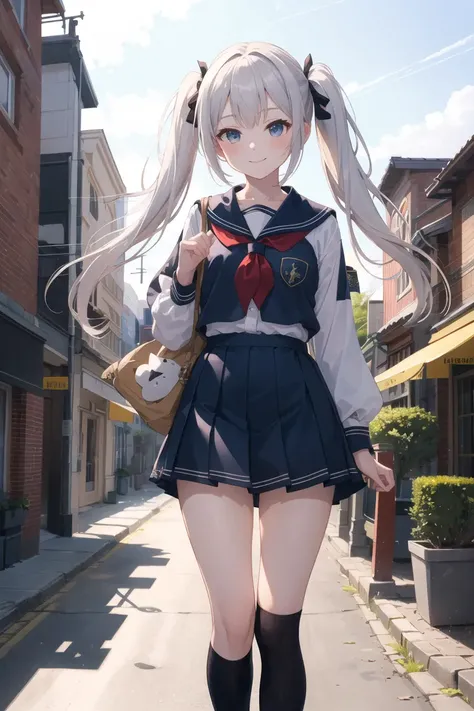 (masterpiece, ultra high res, best quality:1.1), flat color, 1girl, solo, (overknee socks), (school uniform), white hair, twintails, [smile],
