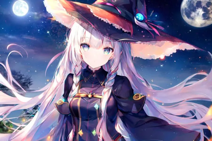 1girl,aerial fireworks,aurora,bangs, shoulders,full moon,galaxy,hat,heterochromia,holding,light particles,long hair,long sleeves,looking at viewer,magic circle,medium ,milky way,moon,moonlight,night,night sky,outdoors,snowing,,very long hair,witch,witch hat,,(masterpiece,anime,newest,new,exceptional:1.2),
