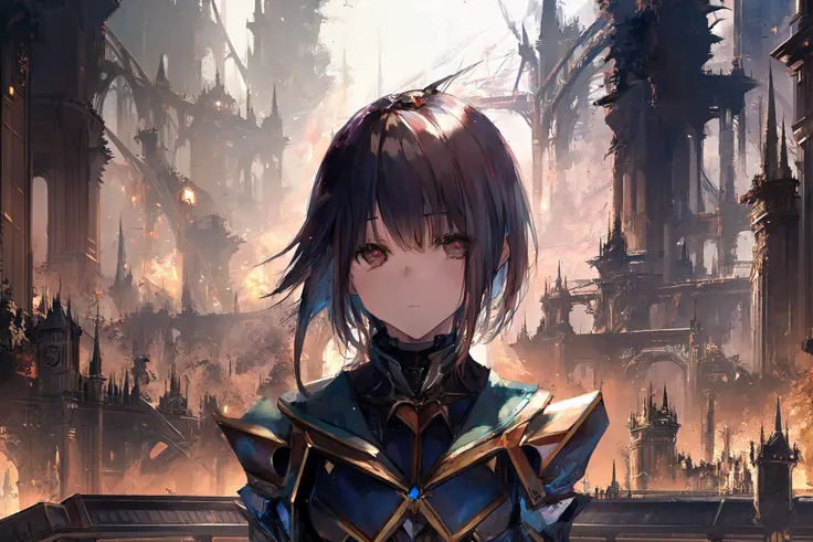 1girl,upper body,depicts a world that has been ravaged by magic, Please use the image generation AI to create an image that is dark and foreboding, and includes elements such as ruined castles, abandoned cities, or other signs of devastation, The image should have a high resolution, so that it can be used as a desktop background,,(masterpiece,anime,newest,new,exceptional:1.2),