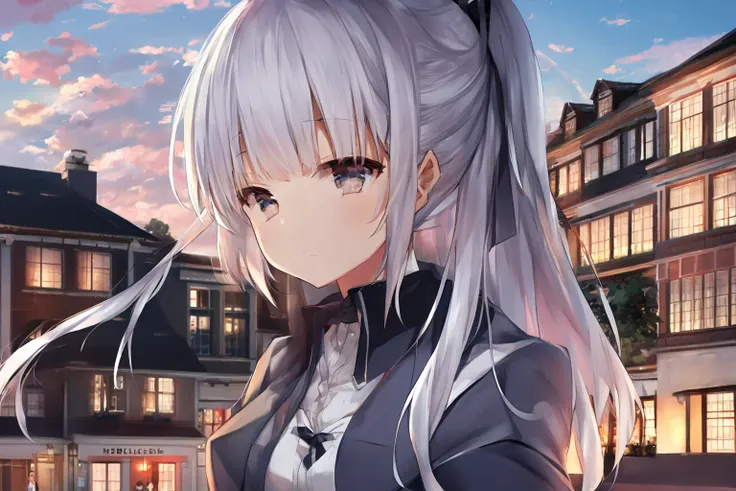 1girl,upper body,white hair, dusk, clouds, town,(masterpiece,anime,newest,new,exceptional:1.2),