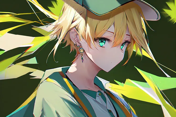 1girl, aqua eyes, baseball cap, blonde hair, closed mouth, earrings, green background, hat, hoop earrings, jewelry, looking at viewer, shirt, short hair, simple background, solo, upper body, yellow shirt,,(masterpiece,anime,newest,new,exceptional:1.2),
