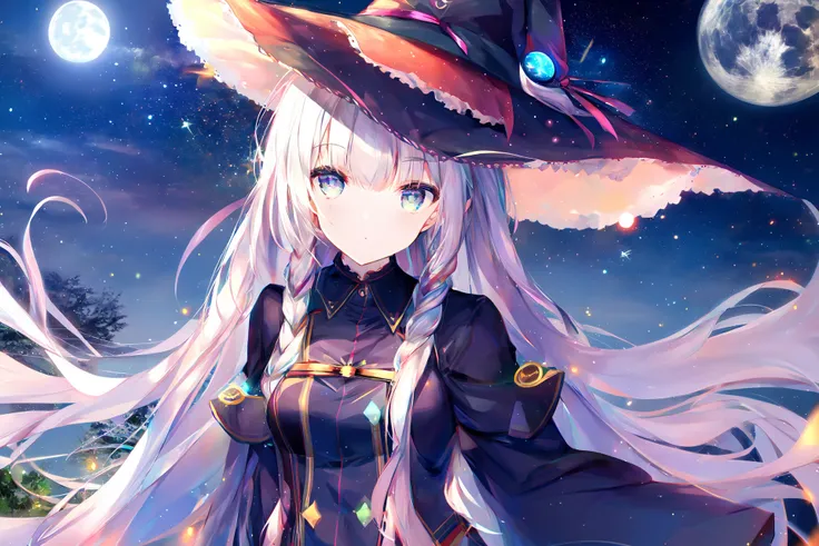 1girl,aerial fireworks,aurora,bangs, shoulders,full moon,galaxy,hat,heterochromia,holding,light particles,long hair,long sleeves,looking at viewer,magic circle,medium ,milky way,moon,moonlight,night,night sky,outdoors,snowing,,very long hair,witch,witch hat,,(masterpiece,anime,newest,new,exceptional:1.2),