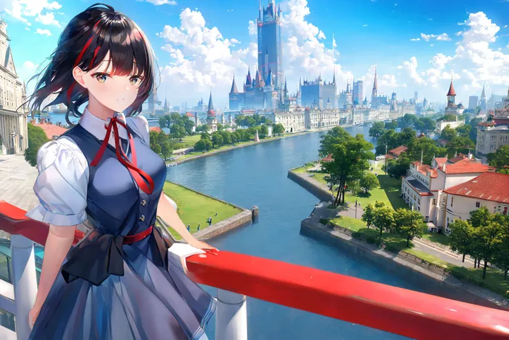 1girl,bangs,black_hair,blue_sky,bridge,building,castle,city,cityscape,cloud,day,dress,looking_at_viewer,outdoors,red_neckwear,red_ribbon,ribbon,river,short_hair,short_sleeves,sky,skyscraper,solo,standing,town,water,(masterpiece,anime,newest,new,exceptional:1.2),