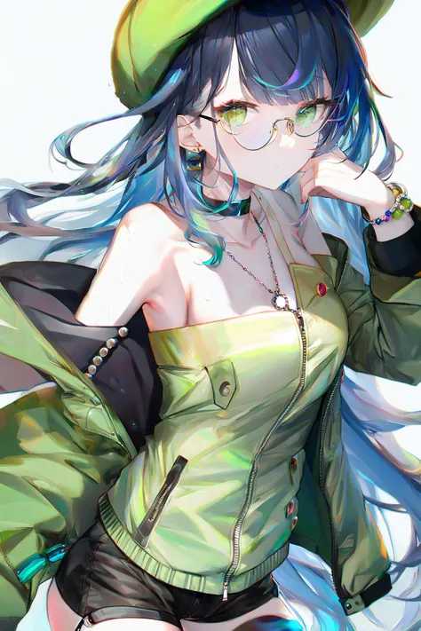 1girl, bangs, bare shoulders, beret, black hair, black shorts, blue hair, bracelet, breasts, buttons, colored inner hair, double-breasted, eyewear removed, green headwear, green jacket, grey eyes, grey sky, hat, jacket, jewelry, long hair, looking at viewer, multicolored hair, neck ring, o-ring, off shoulder, rain, round eyewear, shorts, sidelocks, small breasts, solo, sunglasses, wavy hair, wet, zipper,(masterpiece,anime,newest,new,exceptional:1.2),